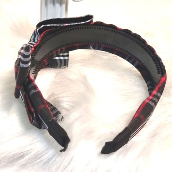 PLAID SIDE BOW HEADBAND Black white red fabric - Picture 5 of 6